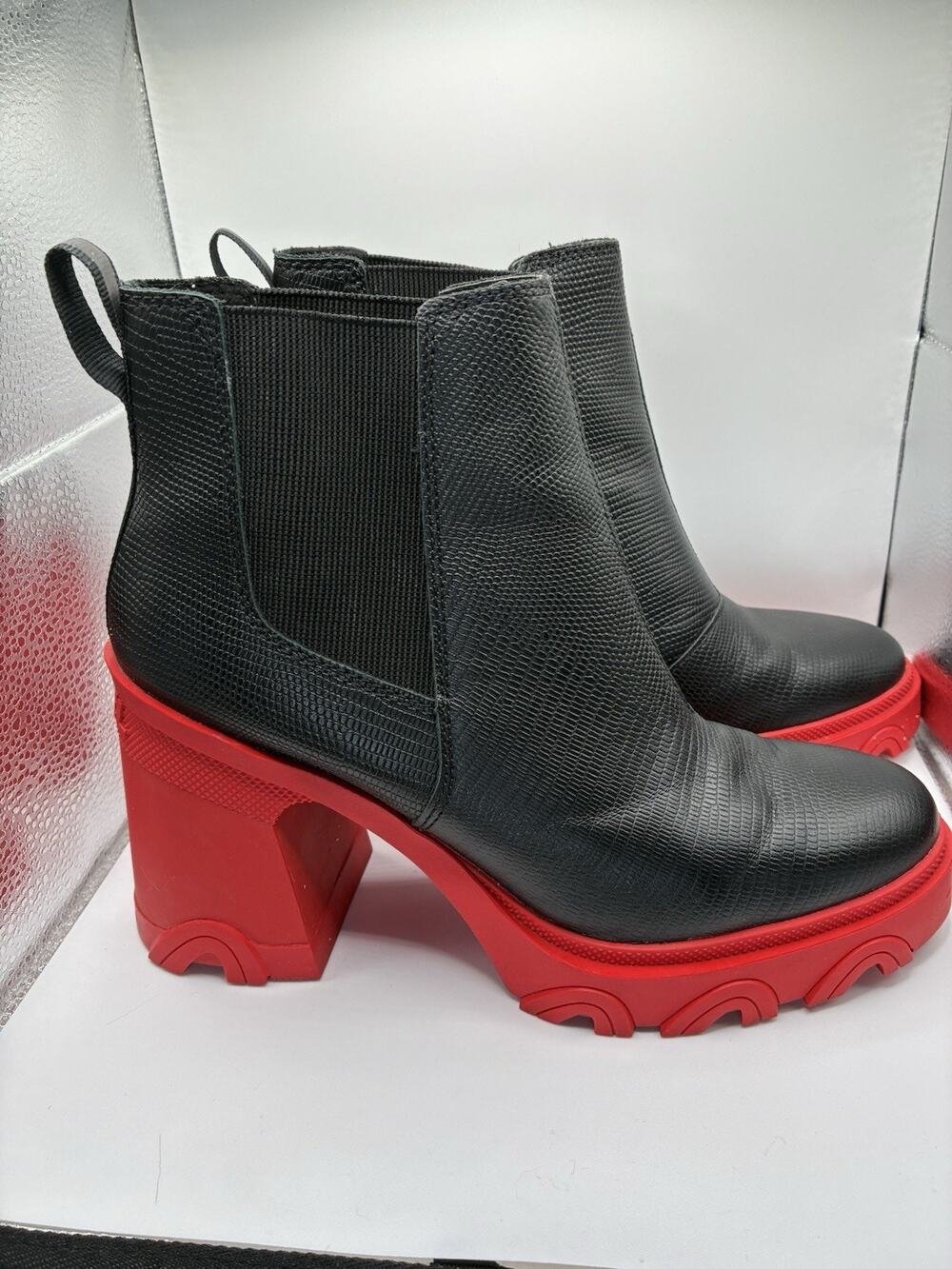 Sorel Brex Heel Chelsea Womens 7.5 Black Red Waterproof Leather Platform Boots